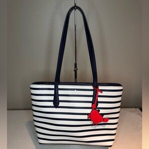 Kate Spade Marlee Navy and White Striped Sailing Tote with Crab Red Charm